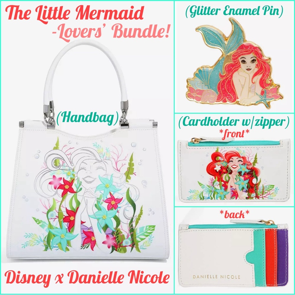 DANIELLE NICOLE DISNEY THE LITTLE MERMAID Ariel HANDBAG, CARDHOLDER & PIN BUNDLE